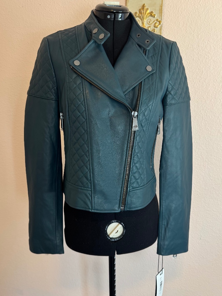 Bikercore Leather Quilted Moto Jacket Cropped Slim Fit Teal Nwt Bagatelle Small